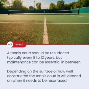 Faded tennis court with net stating that tennis courts should e resurfaced every 8 to 12 years