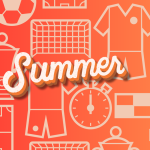 orange gradient with a background of football symbols showing football pitches, football boots, stopwatches and footballs with 'summer' text on the top showcasing summer school sport surfaces projects at AS Sports